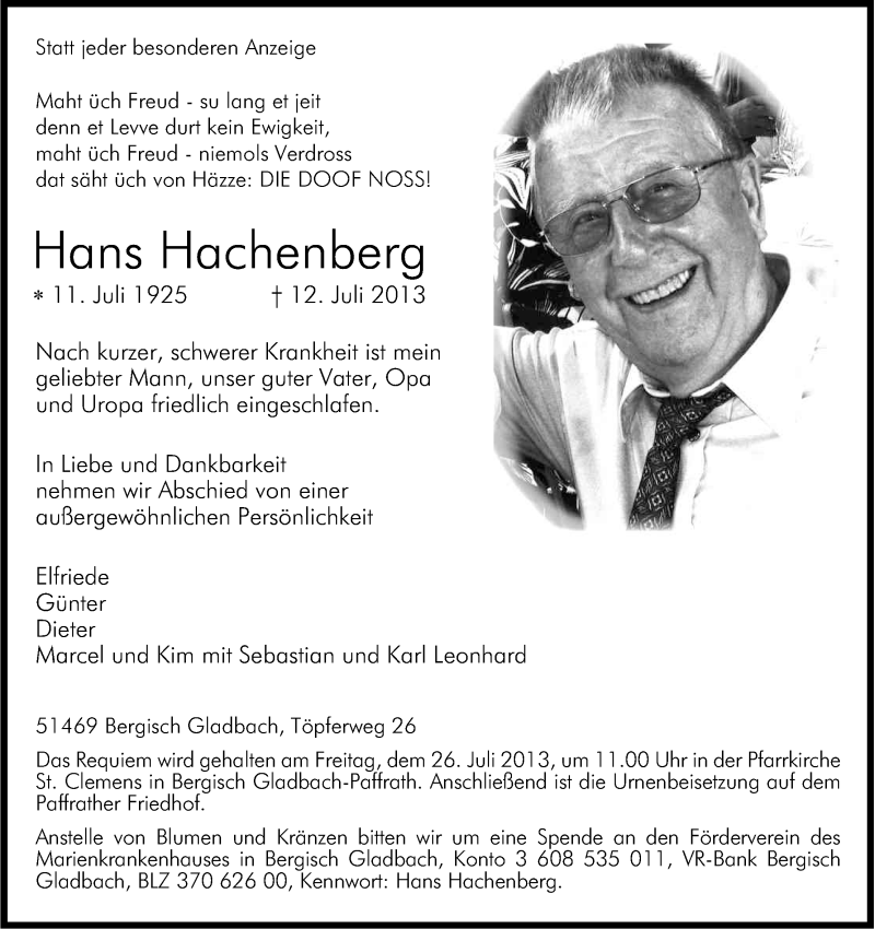  Traueranzeige für Hans Hachenberg vom 19.07.2013 aus Kölner Stadt-Anzeiger / Kölnische Rundschau / Express