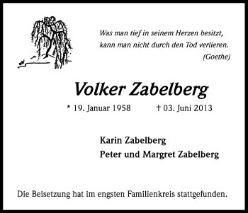 Anzeige von Volker Zabelberg von Kölner Stadt-Anzeiger / Kölnische Rundschau / Express