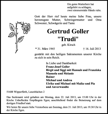 Anzeige von Gertrud Goller von Kölner Stadt-Anzeiger / Kölnische Rundschau / Express