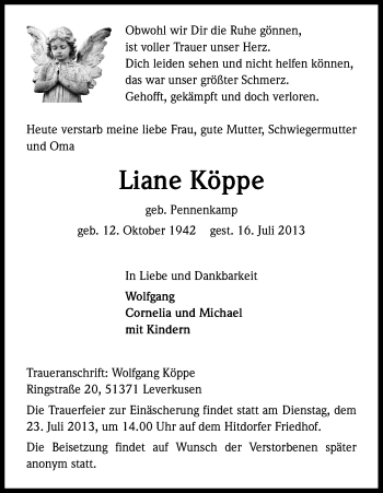 Anzeige von Liane Köppe von Kölner Stadt-Anzeiger / Kölnische Rundschau / Express