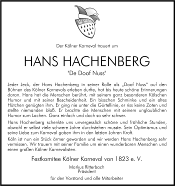 Anzeige von Hans Hachenberg von Kölner Stadt-Anzeiger / Kölnische Rundschau / Express