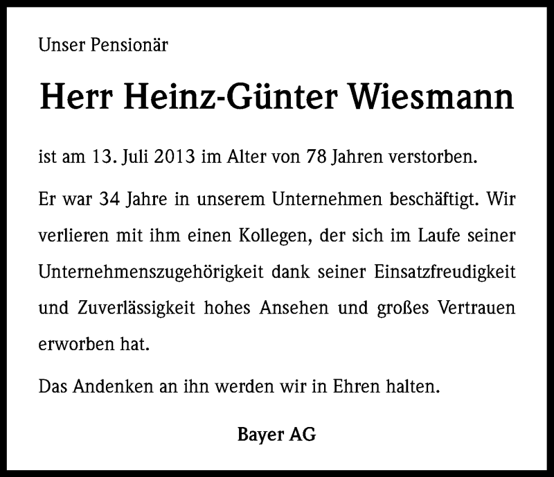 Traueranzeige für Heinz-Günter Wiesmann vom 18.07.2013 aus Kölner Stadt-Anzeiger / Kölnische Rundschau / Express