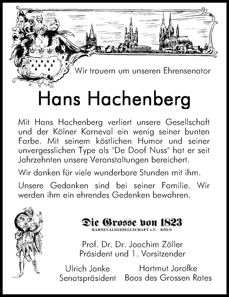  Traueranzeige für Hans Hachenberg vom 19.07.2013 aus Kölner Stadt-Anzeiger / Kölnische Rundschau / Express