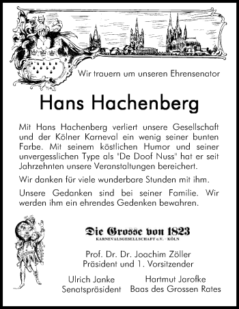 Anzeige von Hans Hachenberg von Kölner Stadt-Anzeiger / Kölnische Rundschau / Express