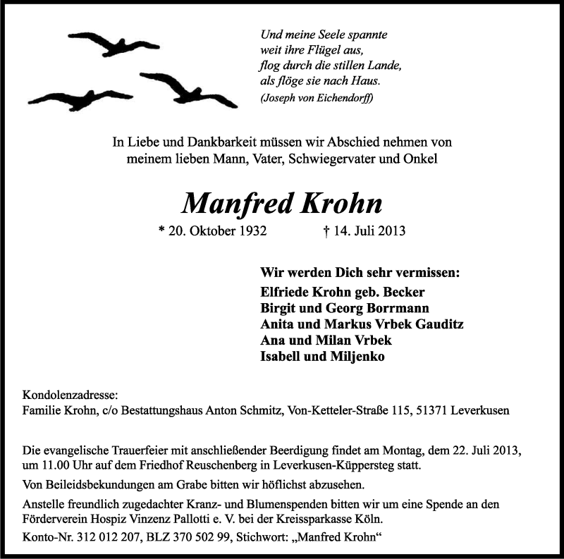  Traueranzeige für Manfred Krohn vom 18.07.2013 aus Kölner Stadt-Anzeiger / Kölnische Rundschau / Express
