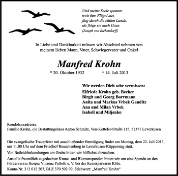 Anzeige von Manfred Krohn von Kölner Stadt-Anzeiger / Kölnische Rundschau / Express