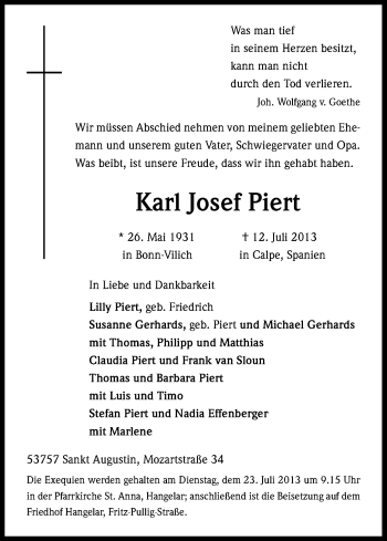 Anzeige von Karl-Josef Piert von Kölner Stadt-Anzeiger / Kölnische Rundschau / Express