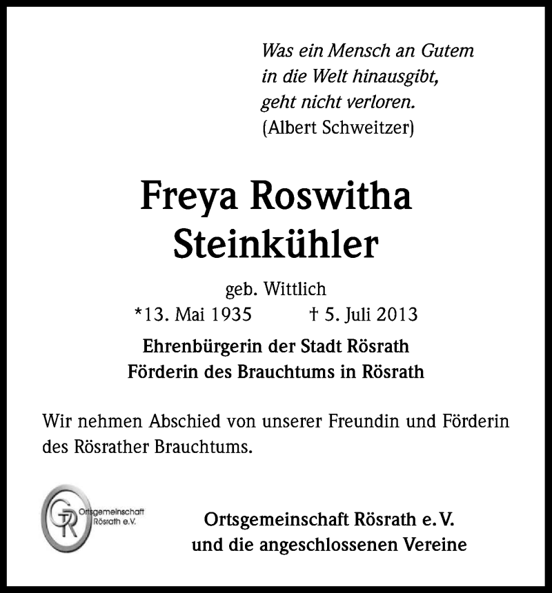  Traueranzeige für Freya Roswitha Steinkühler vom 18.07.2013 aus Kölner Stadt-Anzeiger / Kölnische Rundschau / Express