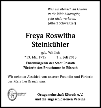 Anzeige von Freya Roswitha Steinkühler von Kölner Stadt-Anzeiger / Kölnische Rundschau / Express