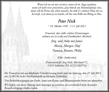 Anzeige von Peter Nick von Kölner Stadt-Anzeiger / Kölnische Rundschau / Express