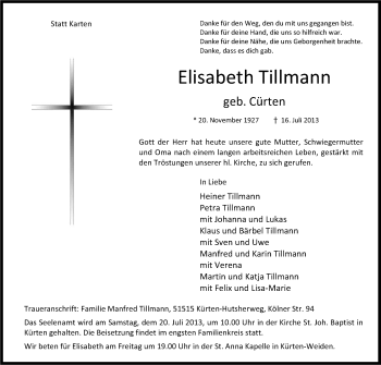 Anzeige von Elisabeth Tillmann von Kölner Stadt-Anzeiger / Kölnische Rundschau / Express