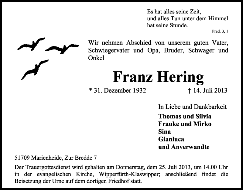  Traueranzeige für Franz Hering vom 18.07.2013 aus Kölner Stadt-Anzeiger / Kölnische Rundschau / Express
