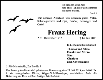 Anzeige von Franz Hering von Kölner Stadt-Anzeiger / Kölnische Rundschau / Express