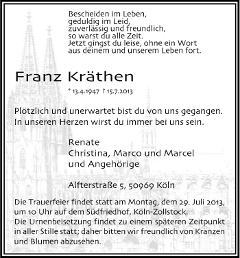 Anzeige von Franz Kräthen von Kölner Stadt-Anzeiger / Kölnische Rundschau / Express