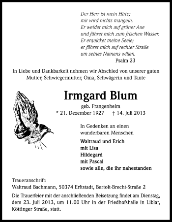 Anzeige von Irmgard Blum von Kölner Stadt-Anzeiger / Kölnische Rundschau / Express