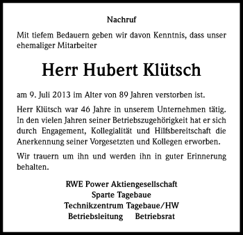 Anzeige von Hubert Klütsch von Kölner Stadt-Anzeiger / Kölnische Rundschau / Express