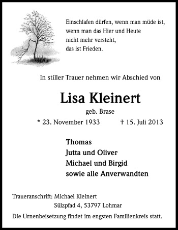 Anzeige von Lisa Kleinert von Kölner Stadt-Anzeiger / Kölnische Rundschau / Express