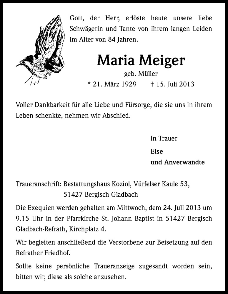  Traueranzeige für Maria Meiger vom 20.07.2013 aus Kölner Stadt-Anzeiger / Kölnische Rundschau / Express