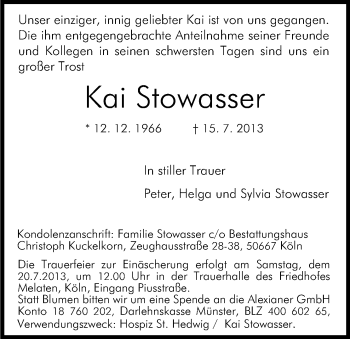 Anzeige von Kai Stowasser von Kölner Stadt-Anzeiger / Kölnische Rundschau / Express