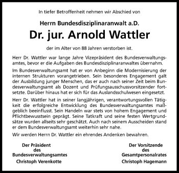Anzeige von Arnold Wattler von Kölner Stadt-Anzeiger / Kölnische Rundschau / Express