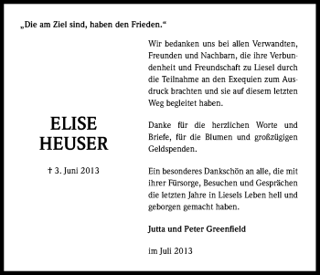 Anzeige von Elise Heuser von Kölner Stadt-Anzeiger / Kölnische Rundschau / Express