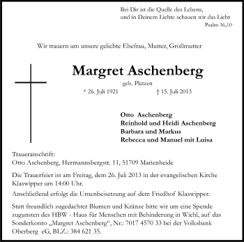Anzeige von Margret Aschenberg von Kölner Stadt-Anzeiger / Kölnische Rundschau / Express