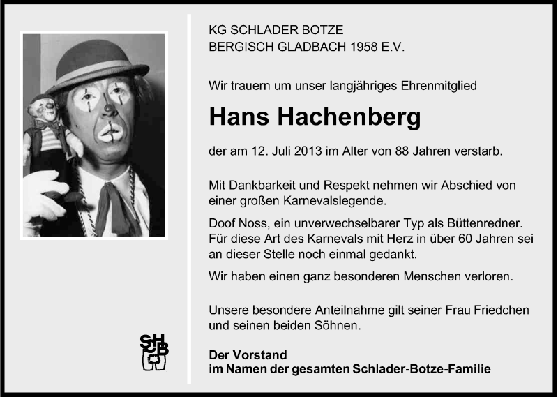 Traueranzeige für Hans Hachenberg vom 19.07.2013 aus Kölner Stadt-Anzeiger / Kölnische Rundschau / Express