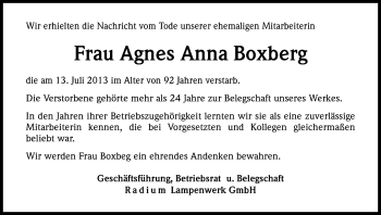 Anzeige von Agnes Anna Boxberg von Kölner Stadt-Anzeiger / Kölnische Rundschau / Express