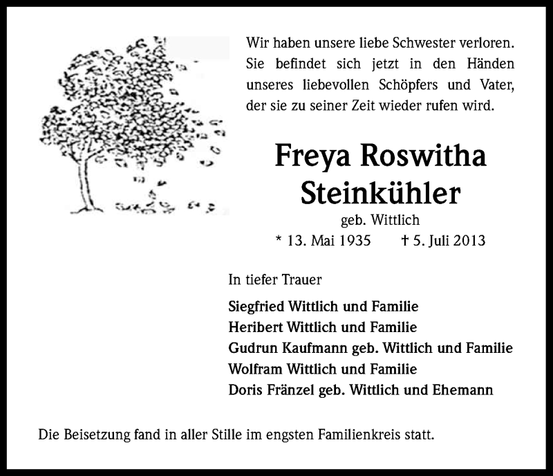  Traueranzeige für Freya Roswitha Steinkühler vom 20.07.2013 aus Kölner Stadt-Anzeiger / Kölnische Rundschau / Express