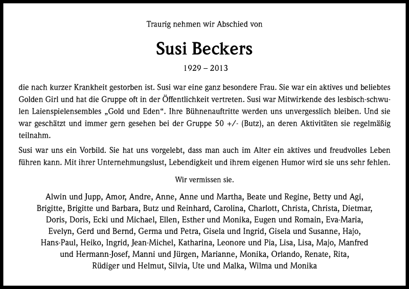  Traueranzeige für Susi Beckers vom 20.07.2013 aus Kölner Stadt-Anzeiger / Kölnische Rundschau / Express