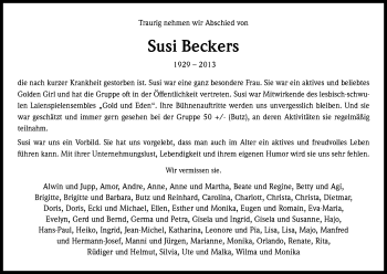 Anzeige von Susi Beckers von Kölner Stadt-Anzeiger / Kölnische Rundschau / Express