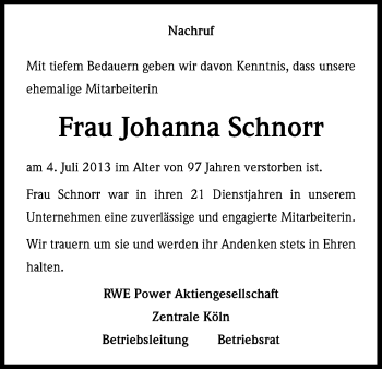 Anzeige von Johanna Schnorr von Kölner Stadt-Anzeiger / Kölnische Rundschau / Express
