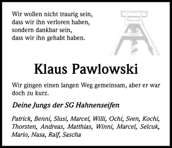 Anzeige von Klaus Pawlowski von Kölner Stadt-Anzeiger / Kölnische Rundschau / Express