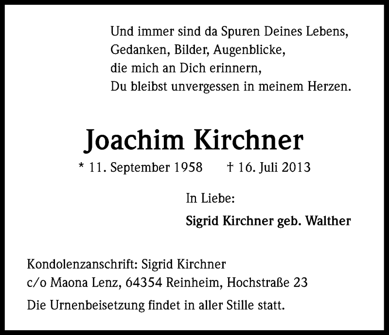  Traueranzeige für Joachim Kirchner vom 20.07.2013 aus Kölner Stadt-Anzeiger / Kölnische Rundschau / Express