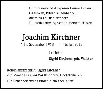 Anzeige von Joachim Kirchner von Kölner Stadt-Anzeiger / Kölnische Rundschau / Express