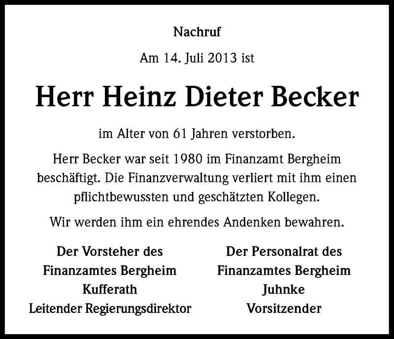  Traueranzeige für Heinz Dieter Becker vom 19.07.2013 aus Kölner Stadt-Anzeiger / Kölnische Rundschau / Express