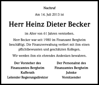 Anzeige von Heinz Dieter Becker von Kölner Stadt-Anzeiger / Kölnische Rundschau / Express