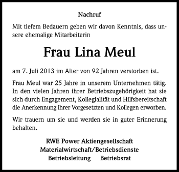 Anzeige von Lina Meul von Kölner Stadt-Anzeiger / Kölnische Rundschau / Express