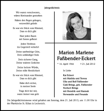 Anzeige von Marion Malene Faßbender-Eckert von Kölner Stadt-Anzeiger / Kölnische Rundschau / Express