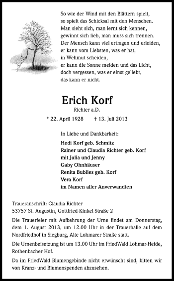 Anzeige von Erich Korf von Kölner Stadt-Anzeiger / Kölnische Rundschau / Express