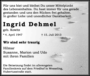 Anzeige von Ingrid Dehmel von Kölner Stadt-Anzeiger / Kölnische Rundschau / Express