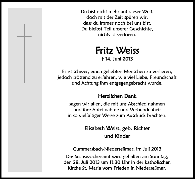  Traueranzeige für Fritz Weiss vom 20.07.2013 aus Kölner Stadt-Anzeiger / Kölnische Rundschau / Express
