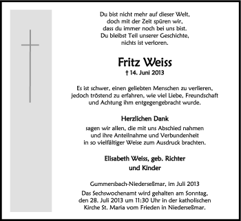 Anzeige von Fritz Weiss von Kölner Stadt-Anzeiger / Kölnische Rundschau / Express
