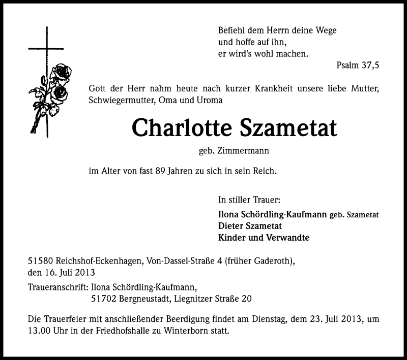  Traueranzeige für Charlotte Szametat vom 19.07.2013 aus Kölner Stadt-Anzeiger / Kölnische Rundschau / Express