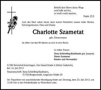 Anzeige von Charlotte Szametat von Kölner Stadt-Anzeiger / Kölnische Rundschau / Express