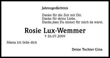 Anzeige von Rosie Lux-Wemmer von Kölner Stadt-Anzeiger / Kölnische Rundschau / Express