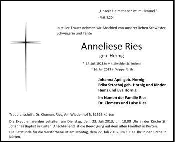 Anzeige von Anneliese Ries von Kölner Stadt-Anzeiger / Kölnische Rundschau / Express