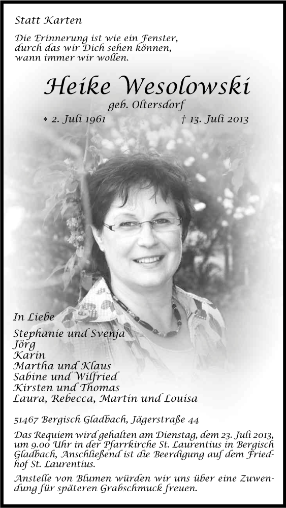  Traueranzeige für Heike Wesolowski vom 19.07.2013 aus Kölner Stadt-Anzeiger / Kölnische Rundschau / Express