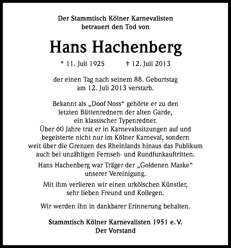  Traueranzeige für Hans Hachenberg vom 19.07.2013 aus Kölner Stadt-Anzeiger / Kölnische Rundschau / Express