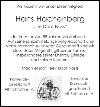 Anzeige von Hans Hachenberg von Kölner Stadt-Anzeiger / Kölnische Rundschau / Express